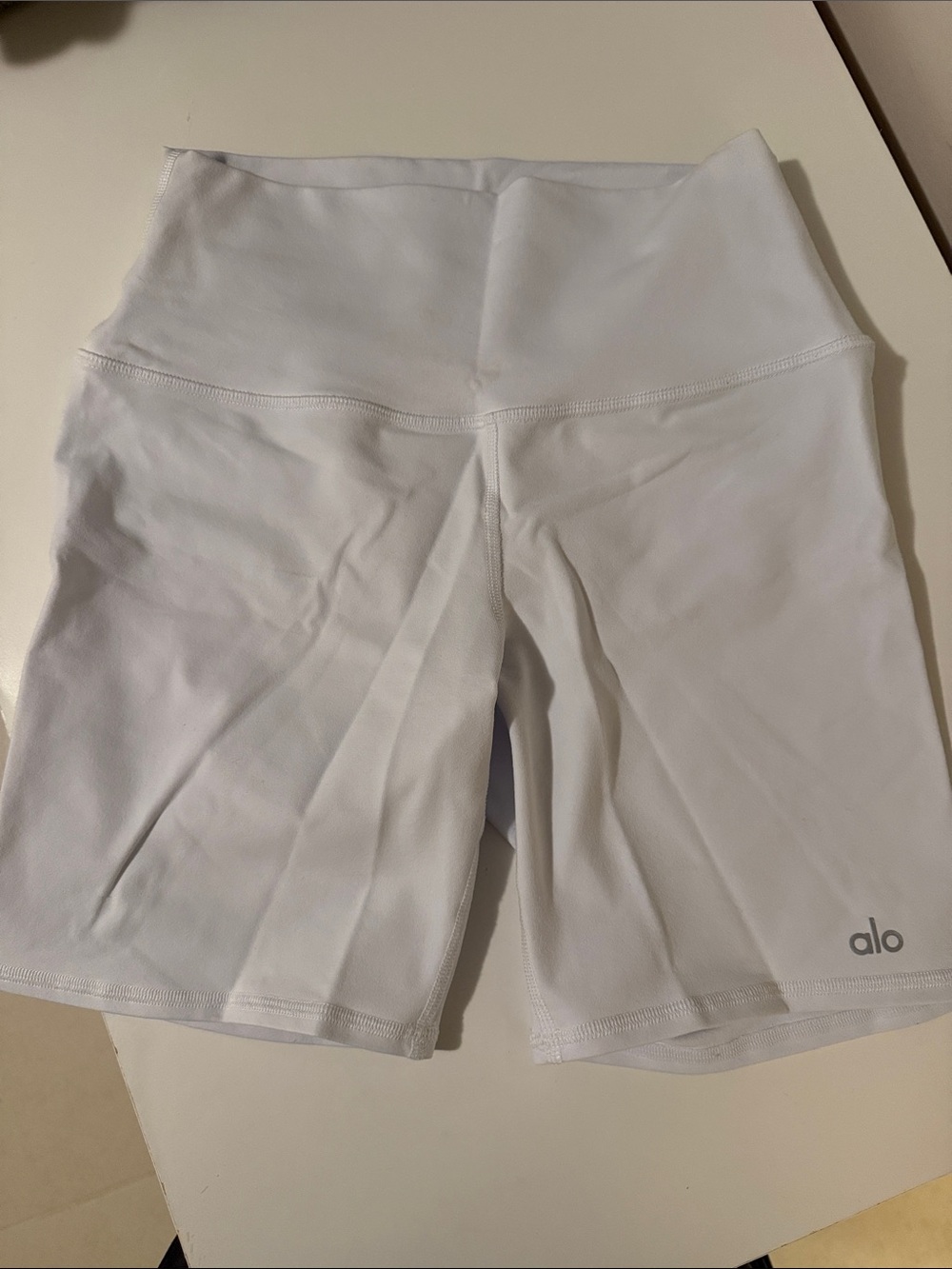 ALO Yoga White High-Waist Bike Shorts with Logo